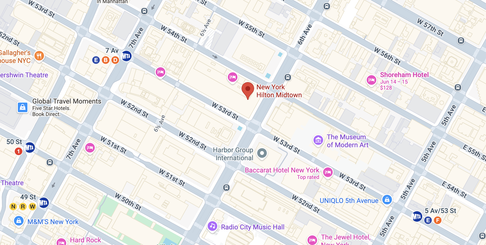 Google Map View of Hilton Midtown in NYC
